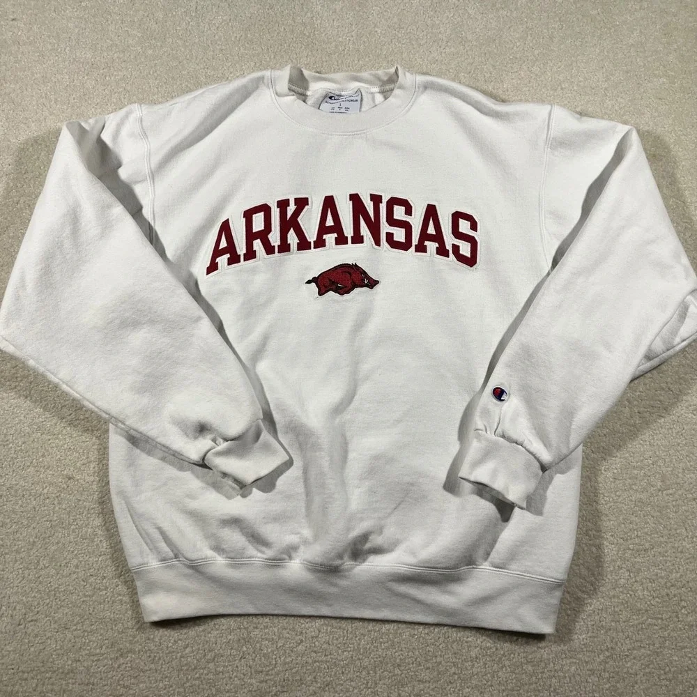Champion‎ Arkansas Razorbacks Sweatshirt Mens L White Crewneck Fleece Pullover
